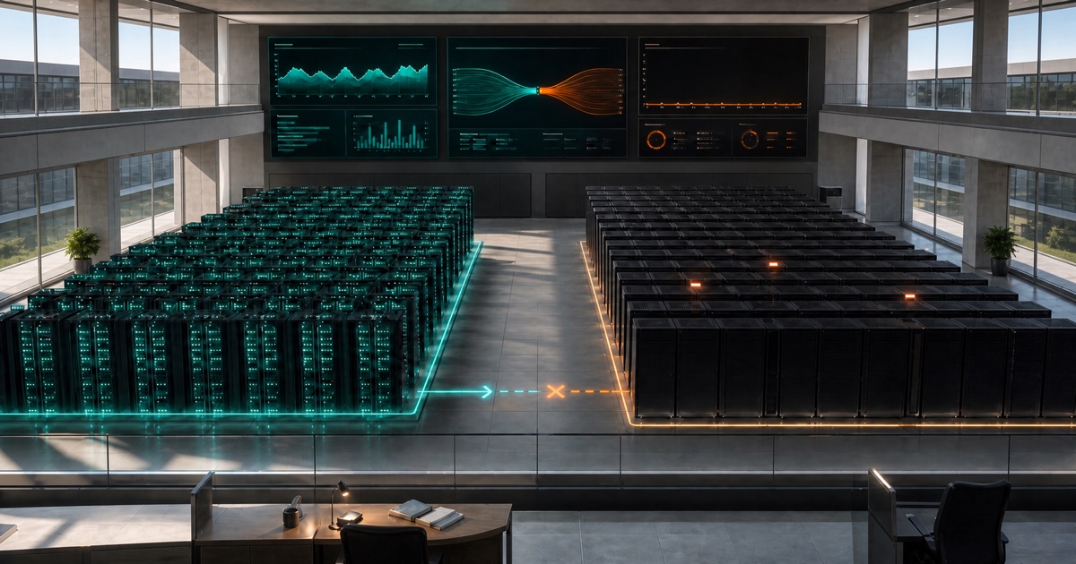 Two parallel server clusters in daylight: the production cluster remains lit in teal while the candidate cluster is almost dark, with orange warning indicators.